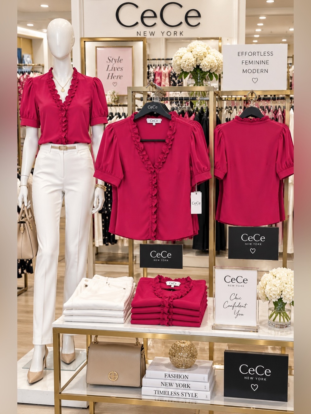 CeCe NEW YORK Ruffle-Trim Short Sleeve Blouse in Fuchsia M NWOT